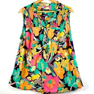 Talbots spring boho smocked yoke sleeveless top mod floral pink green yellow